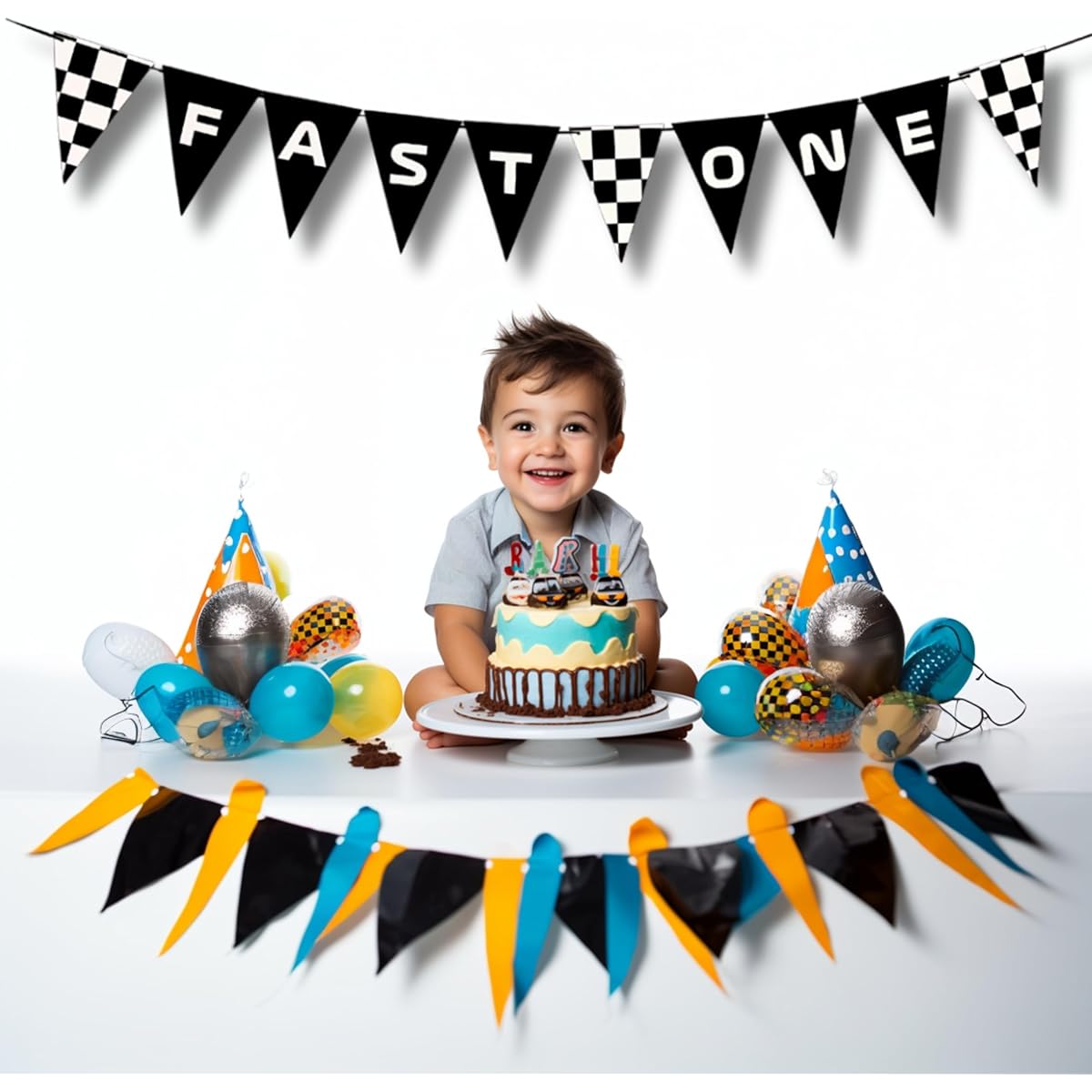 Fast One Birthday Stringed Banner Racing Car Theme Supplies Decor Nascar F1 Happy Bday Black White Checkered Flag Pennant Sign Background Garland Ready to Hang