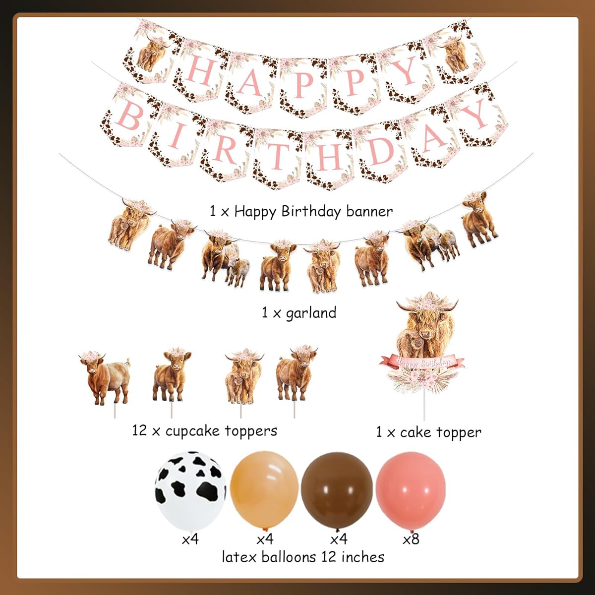 Highland Cow Birthday Decorations Girl Boho Retro Floral Highland Cow Party Supplies - Happy Birthday Banner, Highland Cow Cigarette Garland Cake Topper, Balloons for Farm Animals Holy Cow Party Decorations