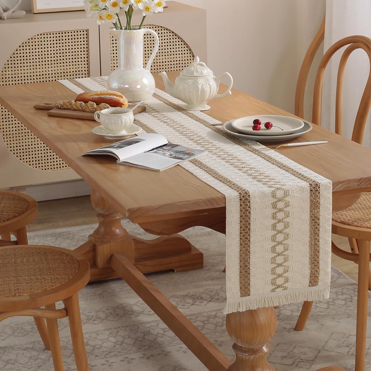 KINBOSD 94.5" Rustic Farmhouse Table Runner with Tassels Cotton Linen Table Decoration Holiday Party Farmhouse Table Runner for Wedding and Dining Decorations