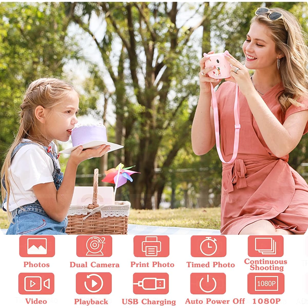 Kids Camera Instant Print Camera 12 Rolls Refillable Print Paper Christmas Birthday Gifts for Girls Toy Pink Camera Digital Video Selfie Zero Ink Print Photo Camera with 32GB TF Card
