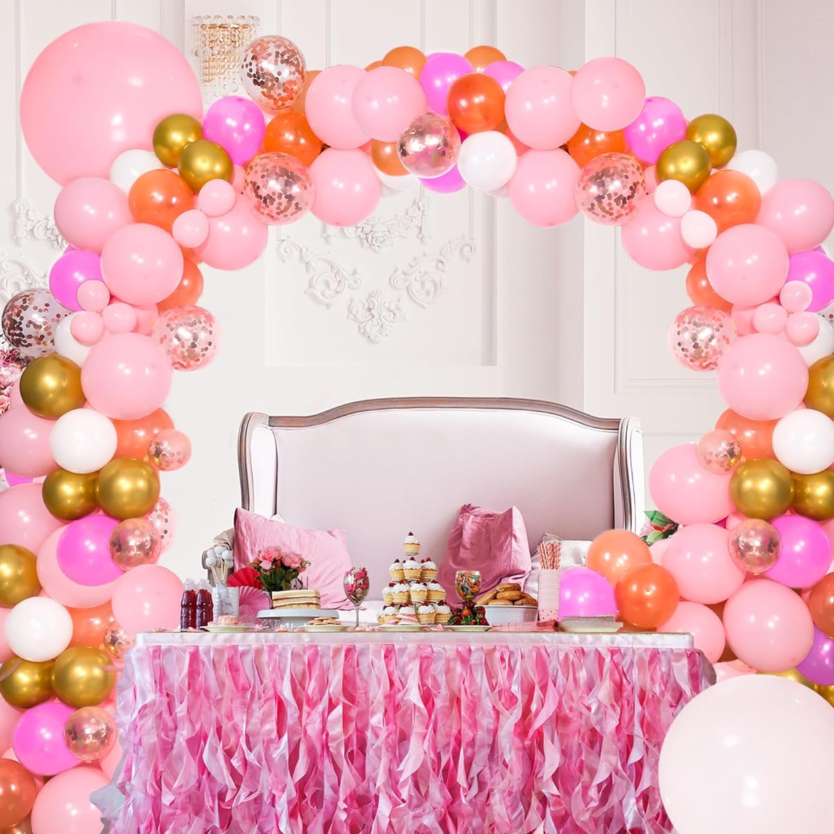 Upgraded Version 129 Pieces Rose Gold Pink Balloon Garland Arch 18/12/10/5 Inch Different Sizes Metallic Latex Confetti Balloon Garland Kit for Birthday Party Wedding Anniversary Baby Shower Party
