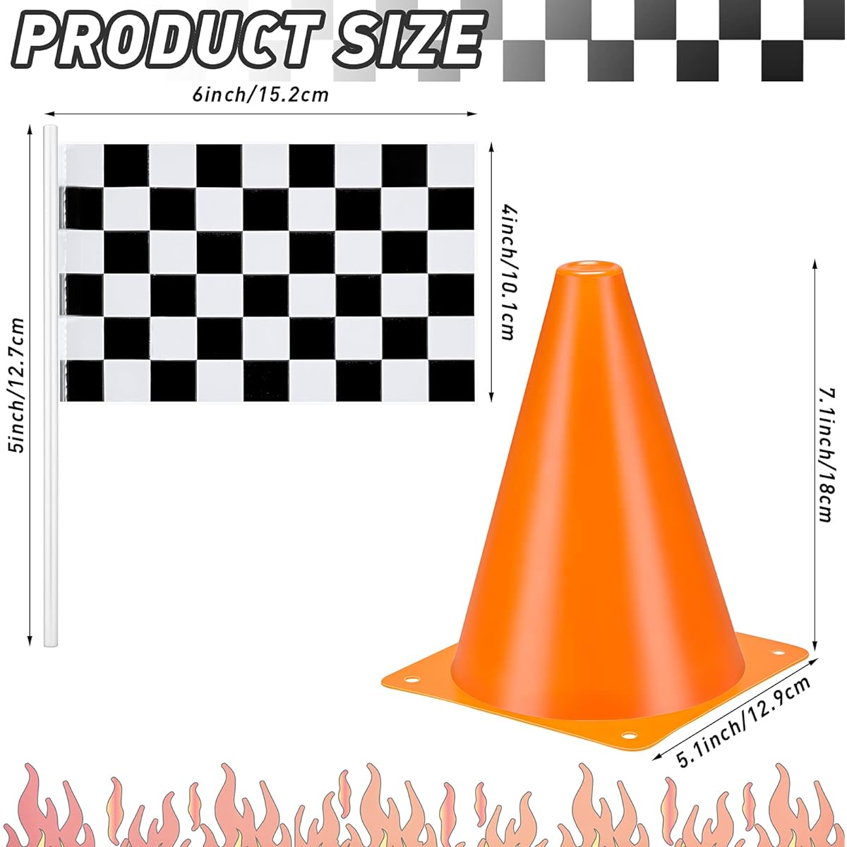 Datanly 48 Pieces 7" Plastic Traffic Cones Checkerboard Black and White Racing Stick Flag Set Orange Traffic Training Cones for Kids Indoor Outdoor Games Sporting Events Race Car Party