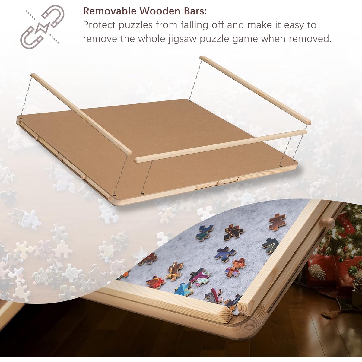 Lavievert Detachable Frame Design! Portable Wooden Jigsaw Puzzle Board/Plateau/Table with Removable Protective Bar, 2 Cover Mats, 6 Color Drawers and Smooth Surface Fits Puzzles up to 1500 Pieces