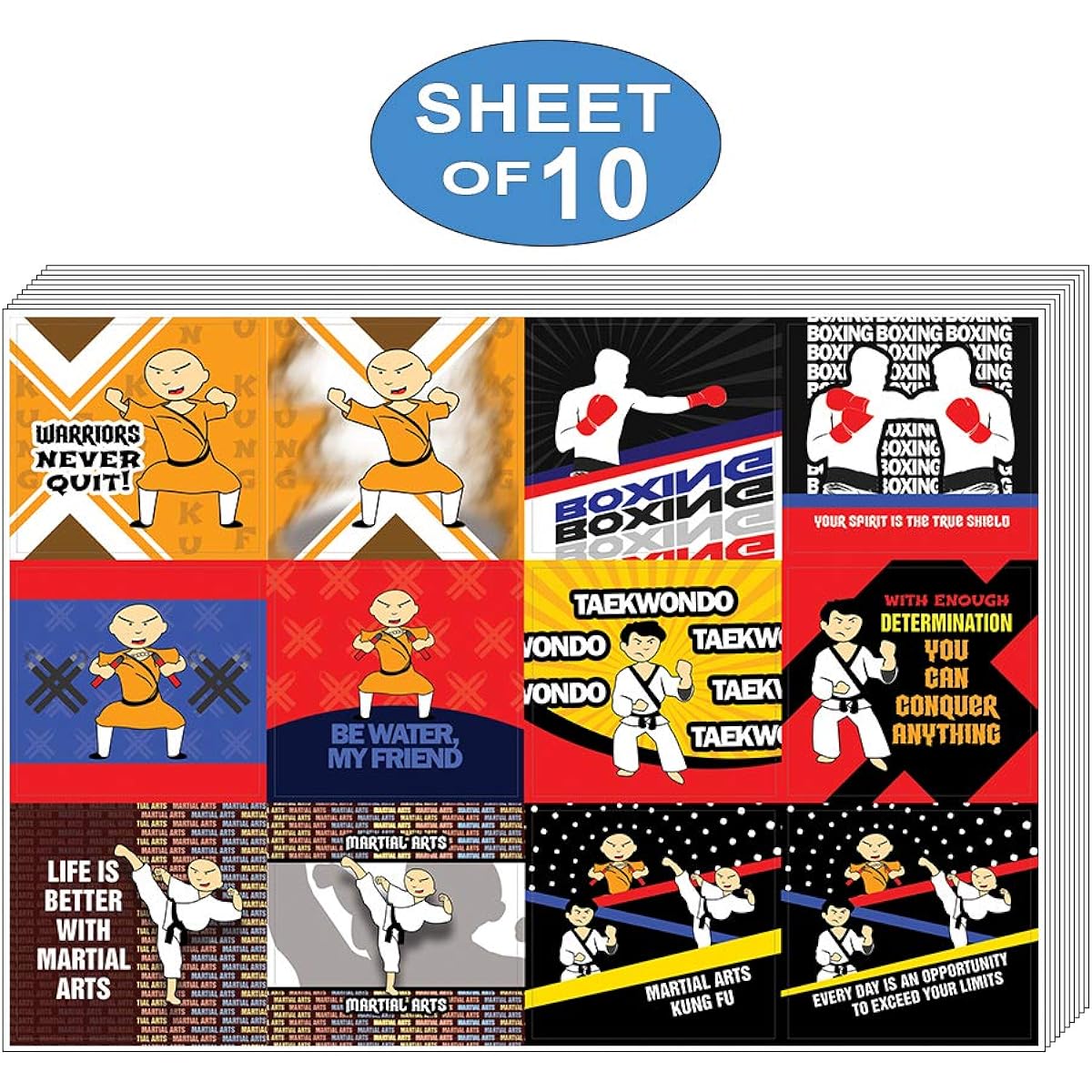 Creanoso Martial Arts Stickers (10 Sheets) - Total 120 Pieces (10 x 12 Pieces) Small Size 2.1 x 2.inch, Waterproof, Unique Theme Design, Any Flat Surface DIY Decorative Art Decals for Boys & Girls, Kids, Teens