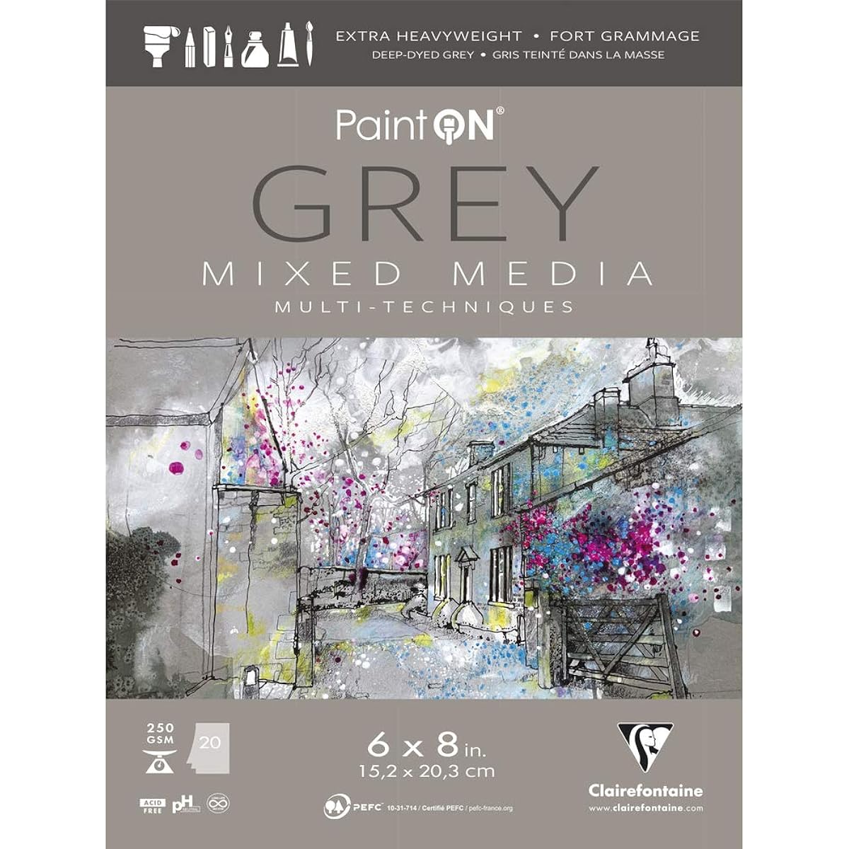 Clairefontaine - Ref 975486C - Paint'ON Mixed Media Grey Sticky Pad (20 Removable Sheets) - 15.2 x 20.3cm (6 x 8 inches) 250gsm Cardstock (US Version)