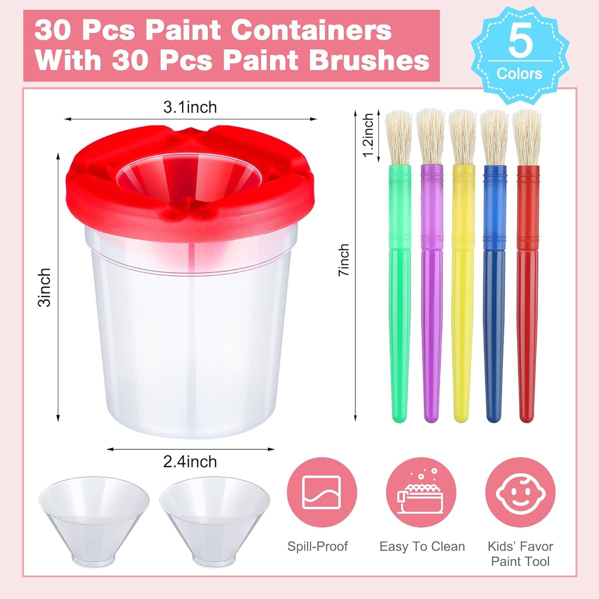 Geyoga 30 Pieces Spill-Free Paint Cups with Paint Brushes for Toddlers, Paint Cups for Kids, Paint Cups with Lids, Paint Cups with Large Round Paint Brushes, Paint Brush Cups for Kids