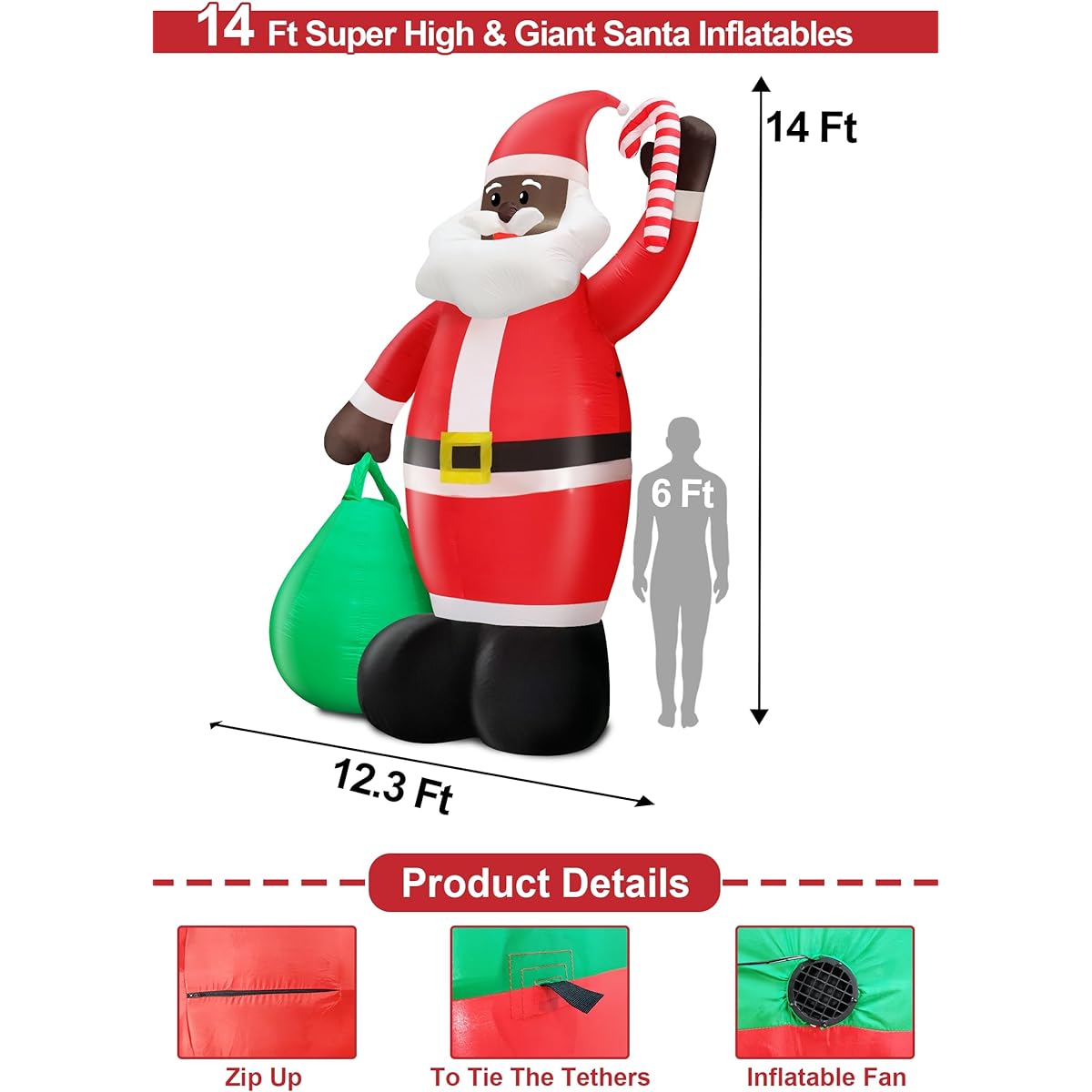TURNMEON 14ft Giant Black Santa Claus Inflatable Christmas Outdoor Decorations with Gift Bags & Candy Canes, Built-in LED Lights, Inflatable Christmas Yard Decorations for Garden, Lawn, Christmas Holidays