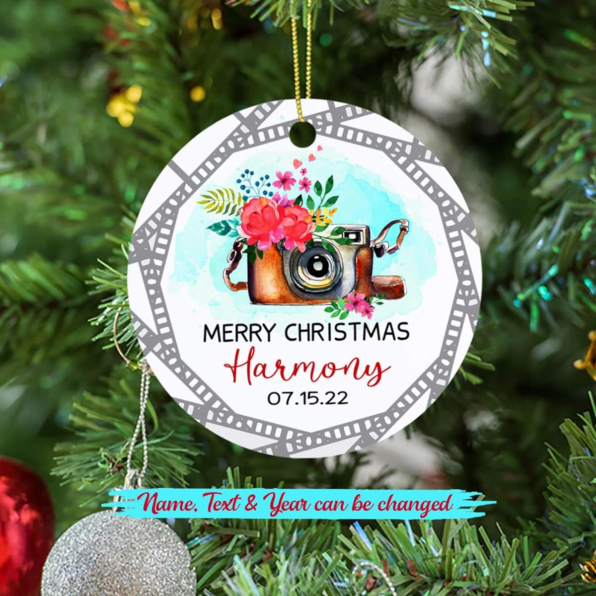 Personalized Photographer Photo Ornament Christmas 2022 Men Women Photo Camera Floral Christmas Ornament Customized Text Year Name Merry Christmas Photographer Wedding Camera Ornament