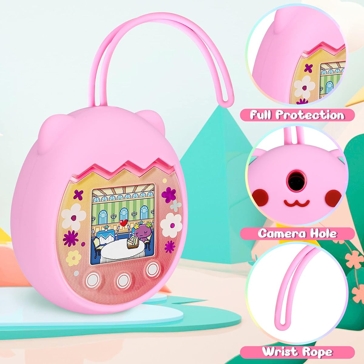 Meetikar Silicone Cover Compatible with Tamagotchi Pix Virtual Pet Game Machine Soft Cover for Tamagotchi Pix Case with Finger Strap (Pink)