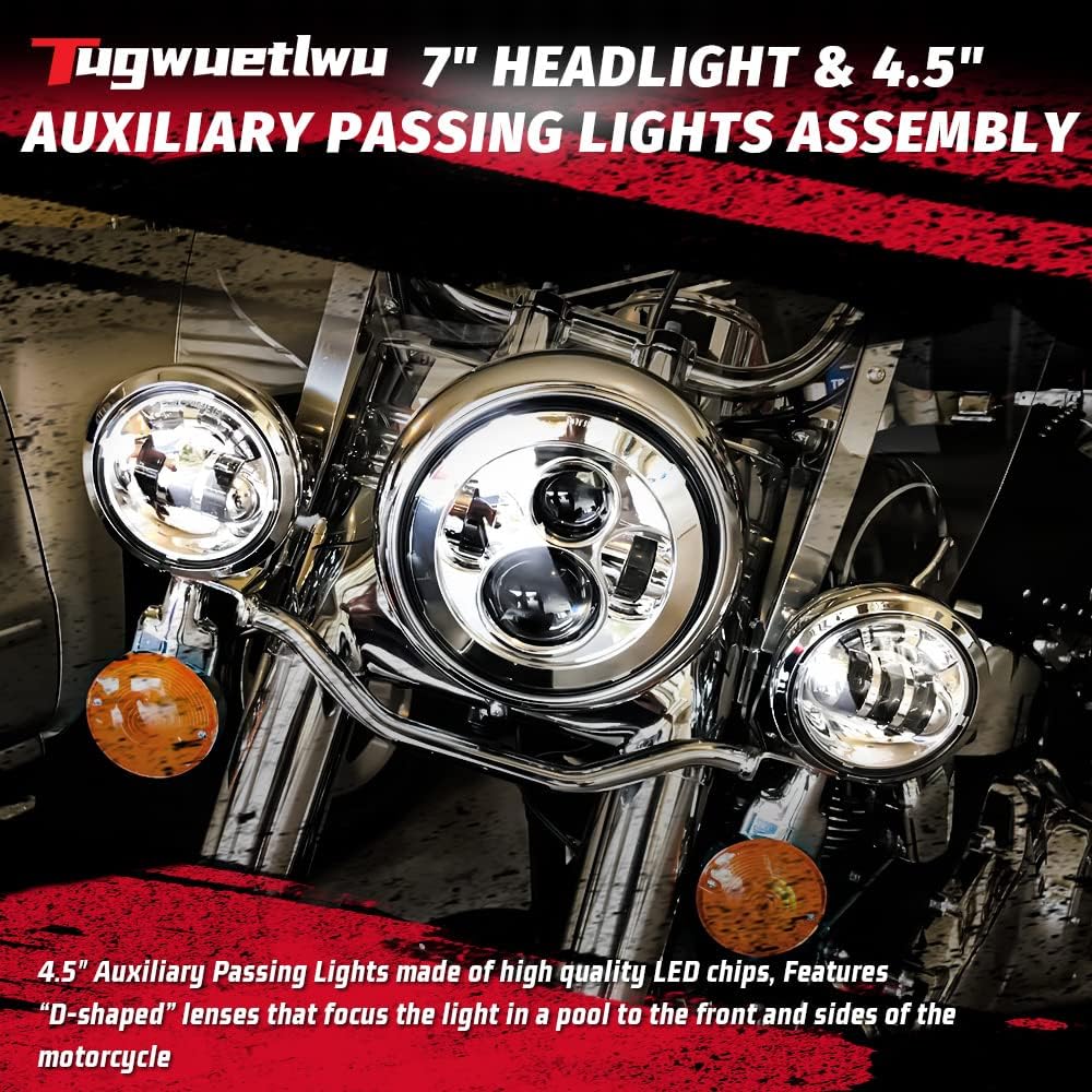 Tugwuetlwu 7 LED Headlight for Harley-Davidson Road King Street Glide Electra Glide Ultra Limited Heritage Softtail Slim Deluxe Fatboy with LED Path Lamp and Bracket Mount Ring