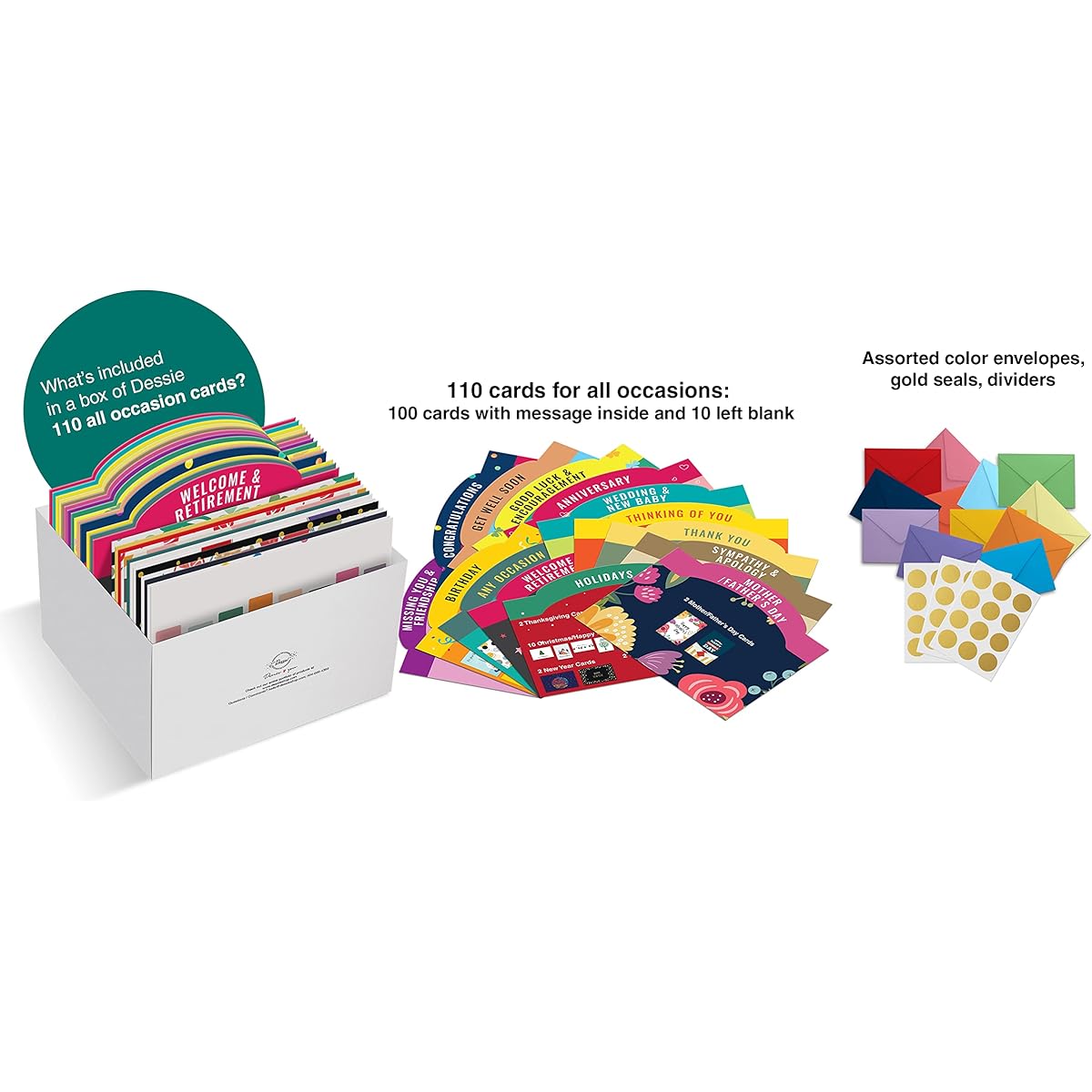 Dessie Multipurpose Card Assortment Box with Envelopes and Inner Messages, Birthday Cards, Sympathy Cards, Card Organizer Box with Dividers and Gold Seals, 110 Large Cards