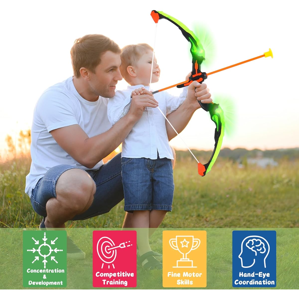 VGOFUN Bow and Arrow Set for Kids, LED Light Up Archery Toy Set with Double Sided Superhero Cape and 2 Felt Masks, 10 Suction Arrows, Target and Quiver, Outdoor Toys, Gift for Boys/Girls Age 3-12