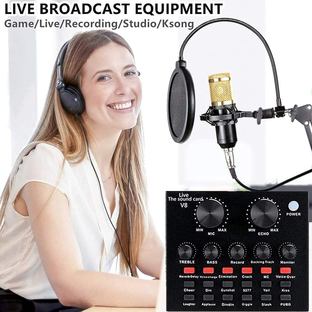 Multi-function live sound card, suspension microphone kit, condenser microphone set, intelligent audio mixer sound card, for computer, live broadcast