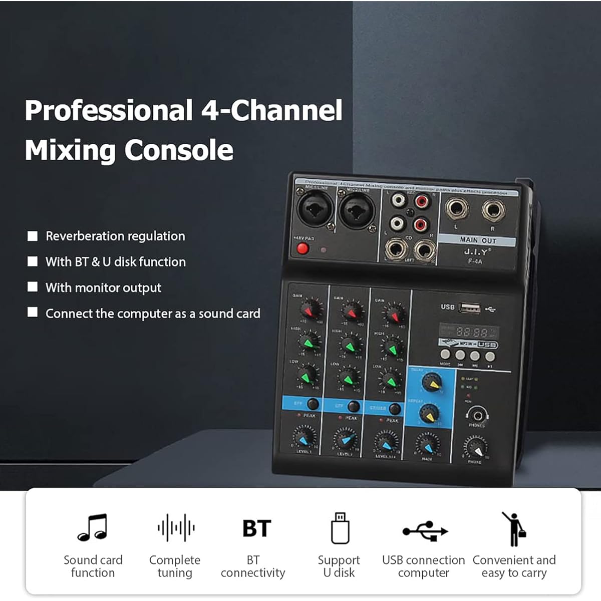 Professional 4 Channel Mixing Console, Mini USB Mixer, Sound Card Effect Console Computer Tuning Sound Card Mixer, BT Connection Reverb Gain Treble and Bass Adjustment