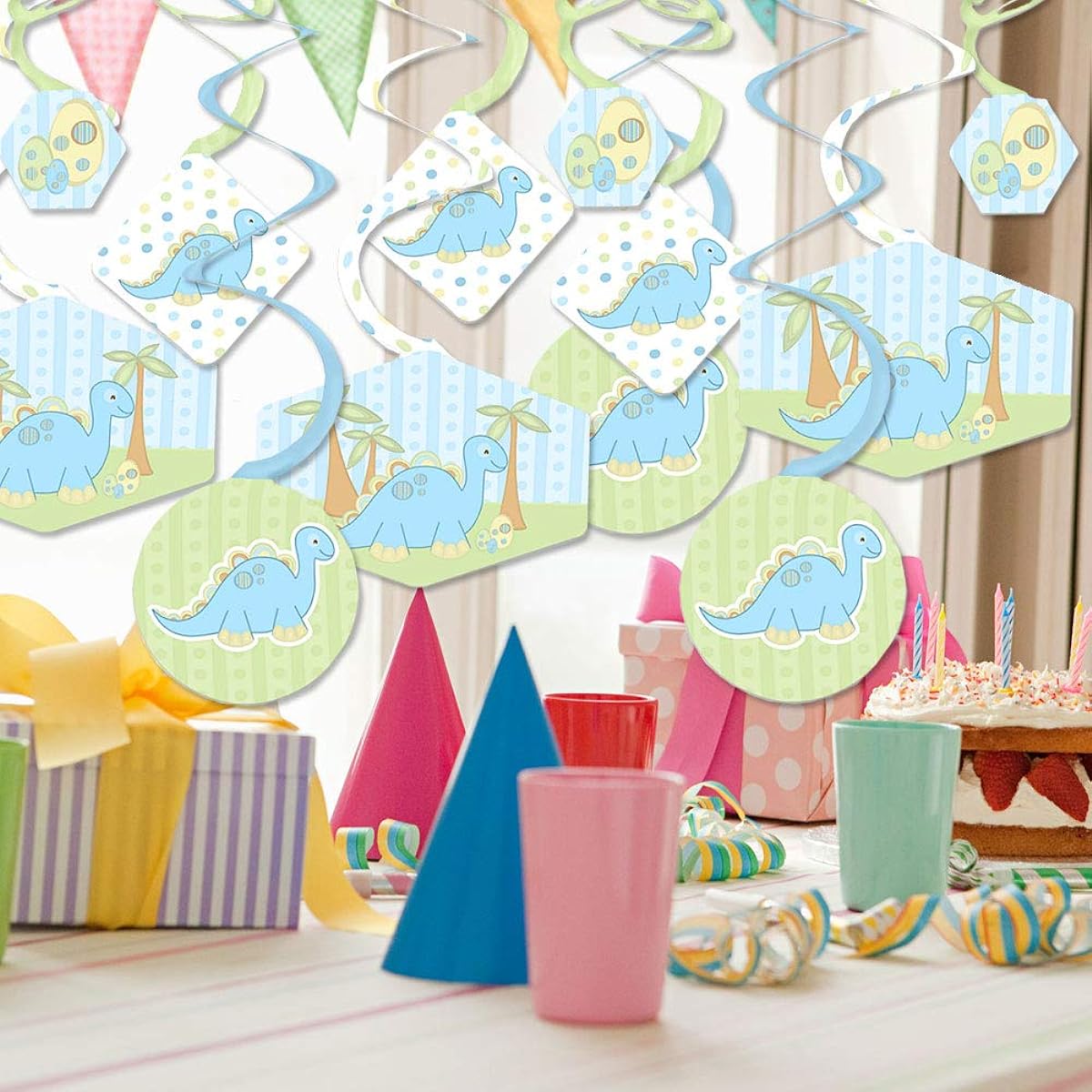Big Dot of Happiness Baby Boy Dinosaurs - Hanging Decorations for Baby Shower or Birthday Party - Party Decorations - Set of 40