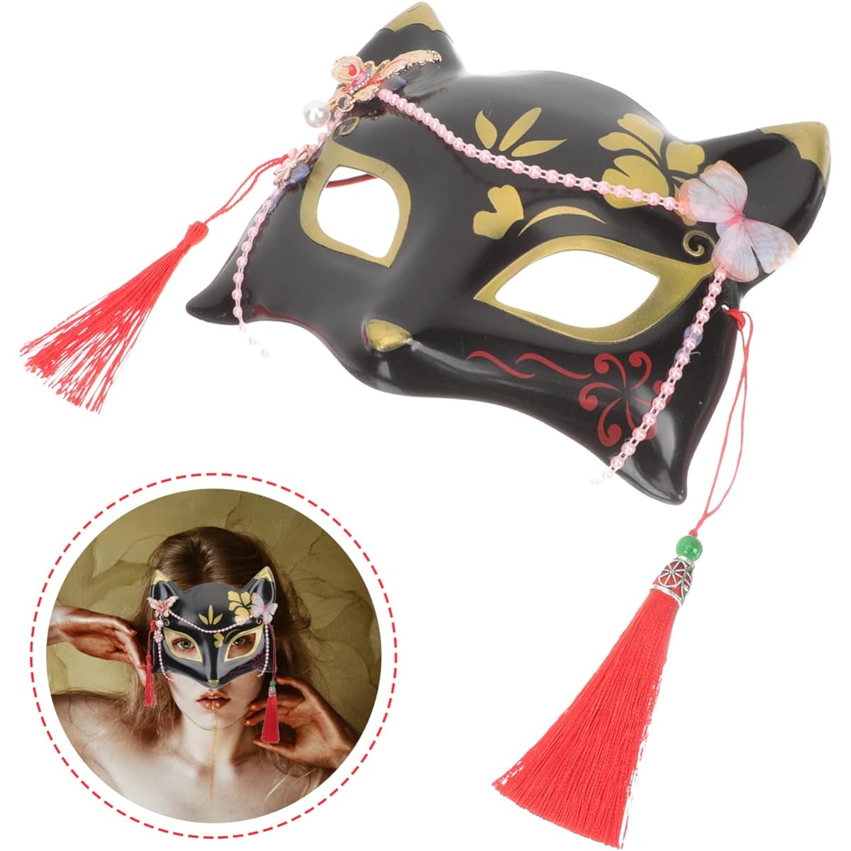 Amosfun Japanese Fox Kabuki Masquerade Mask Performance Carnival Mask Fox Half Face
