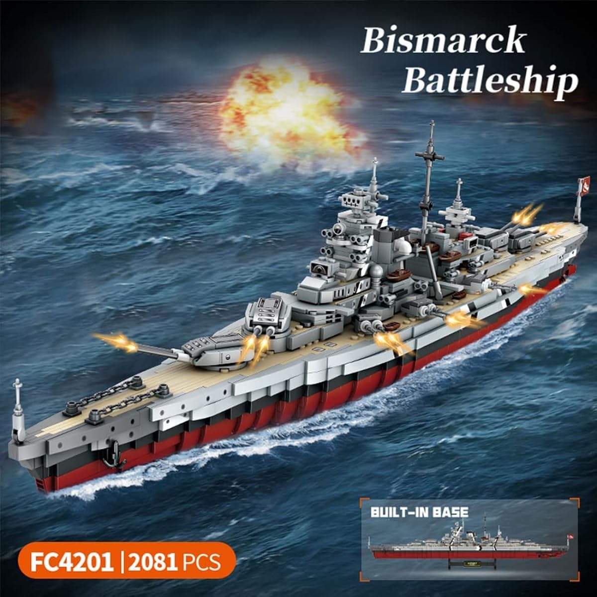 FULHOLPE Bismarck Class Battleship Building Blocks Set MOC Military Warship Model Bricks Construction Toy Compatible with Major Brands - 2081 Pieces