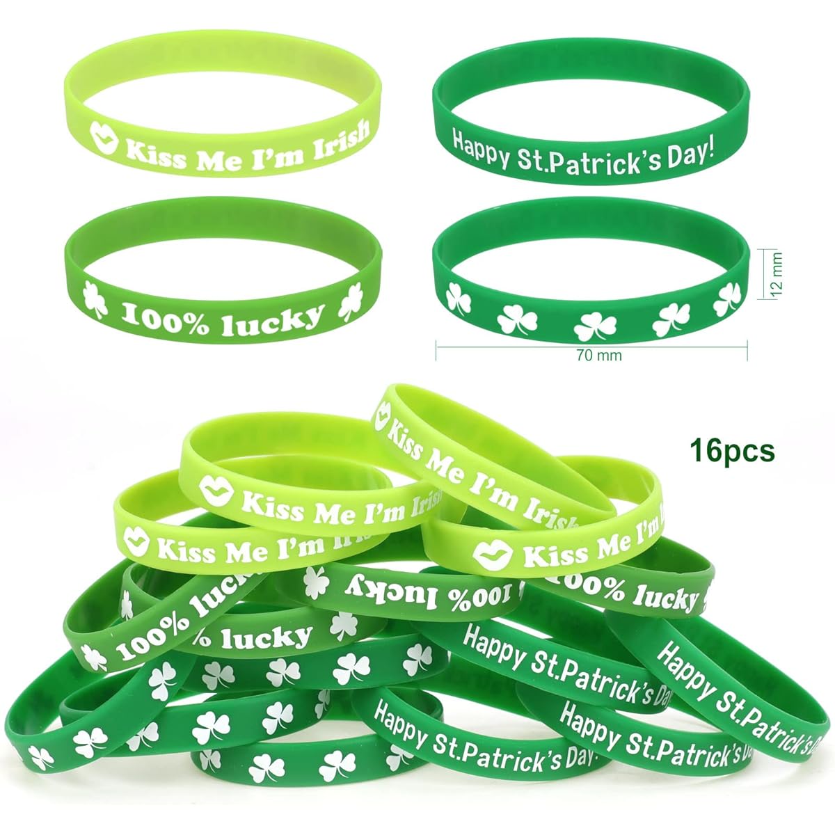 HOWAF St. Patrick's Day Party Favors Set - 16pcs St. Patrick's Day Rubber Wristband Bracelets and 16pcs St. Patrick's Day Buttons, Irish Shamrock Wristbands, St. Patrick's Party Badges, Happy St. Patrick's Day Party Supplies