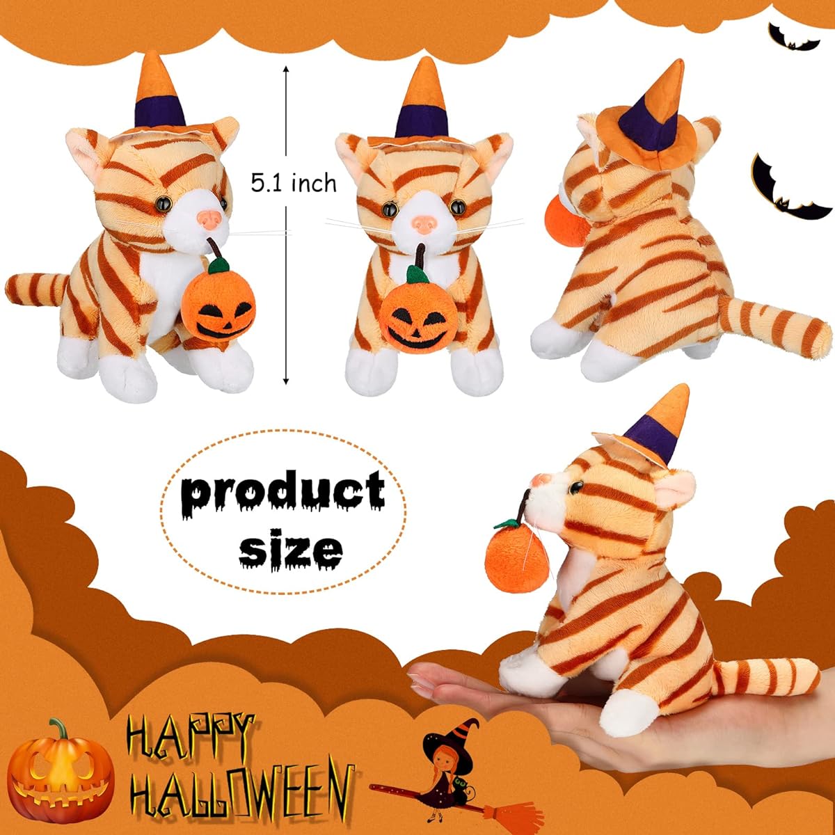 8 Piece Stuffed Pets 5 Inch Plush Toy Set - Assortment of Cute Small Toys for Kids Classroom School Party Halloween Decorations (Creepy Cat)