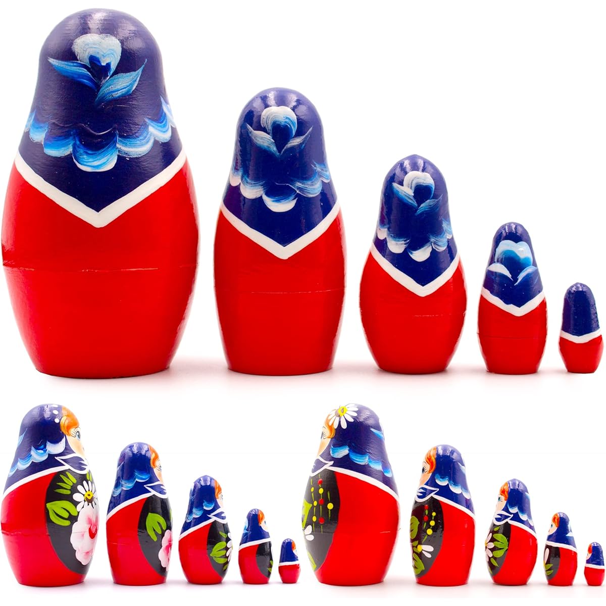 Matryoshka Nesting Dolls Set of 5 - Russian Dolls with Dahlia and Chamomile Flowers - Chamomile and Dahlia Flower Ornaments - Flower Decorations