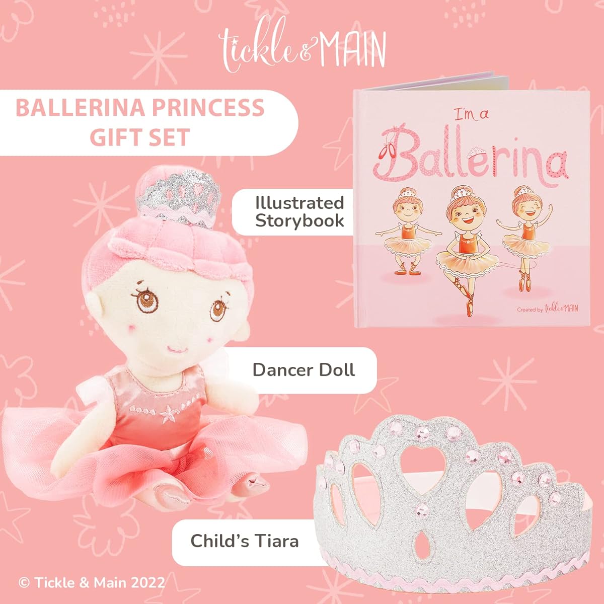 Tickle & Main Ballerina Princess Gift Set - Book, Ballerina Doll, Toy, Tiara Crown for Little Girls, Perfect for Birthdays, Ballet Recitals, Christmas, Toddler Role Play