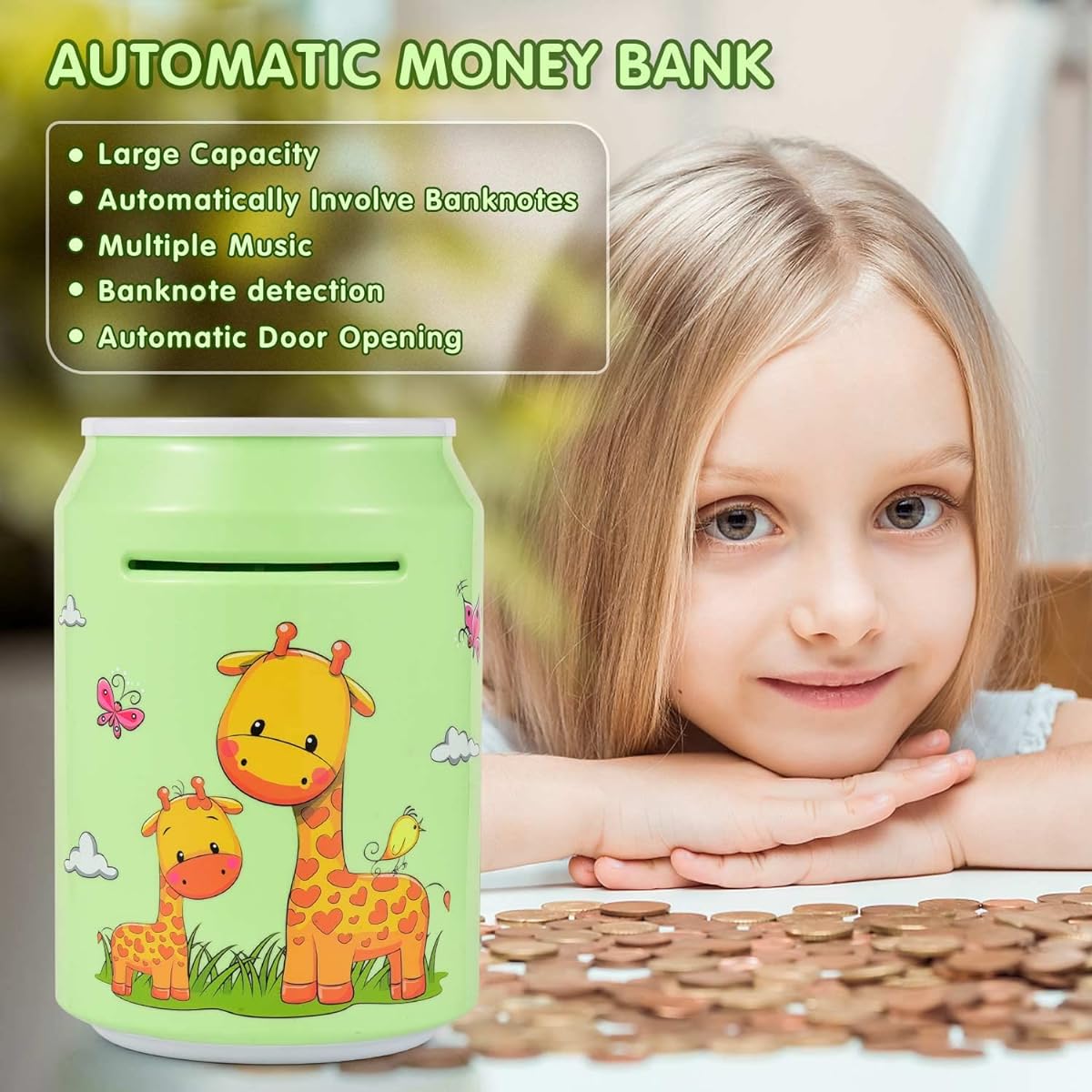 Piggy Bank Electronic Money Bank Large Cash Coin Bank Password Fingerprint Protection Money Saving Box Practical Gift for Birthday Children's Day Christmas (Green)