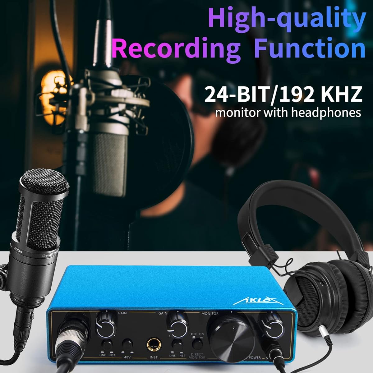 AKLOT Audio Interface USB Audio Interface Audio Interface for PC/Mac/Win 2-in-2-output 24-bit/192kHz XLR Sound Card with Headphone Amplifier TRS Balanced Recording