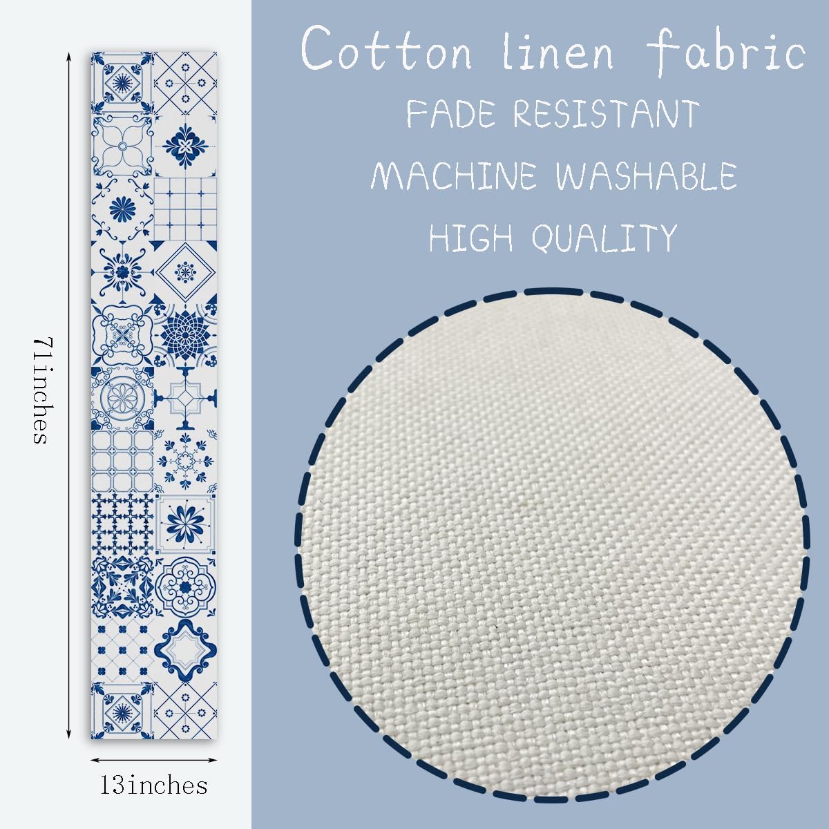 Farmhouse Blue Tile Pattern Table Runner 13 x 71 Inch Blue Tile Pattern Theme Cotton Linen Table Runner Decor Kitchen Restaurant Dinner Table Holiday Party Decoration 5