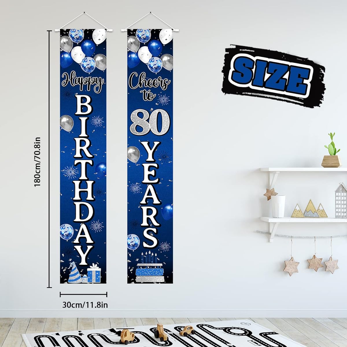 Nelbiirth Happy 80th Birthday Decorations, 80 Years Old Blue & Silver Balloons Birthday Theme Door Hanging Banner Sign 80th Birthday Party Supplies