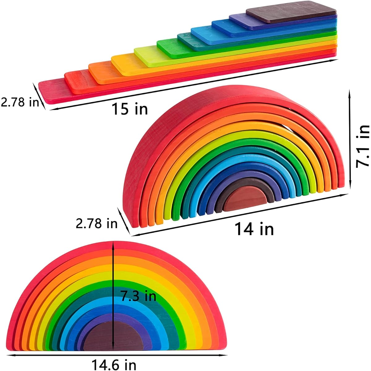 MERRYHEART Wooden Rainbow Stacker Set - Includes Rainbow Stacker, Semicircle and Building Board - Waldorf Wooden Open End Stacking Toy - Great Gift (A-Rainbow-3 Pack)