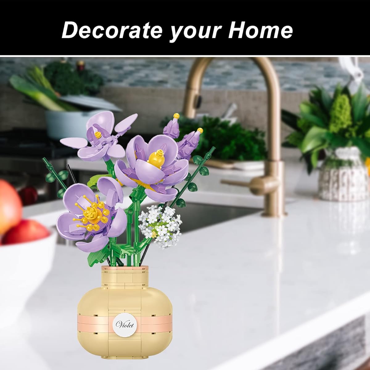 OLTLYUNH Flower Set for Adults DIY Flower Bouquet Building Blocks with Vase Mini Bricks Botanical Collection Bonsai Tree Plants Friends Set Birthday Gift for Girls/Women/Family (Violet)