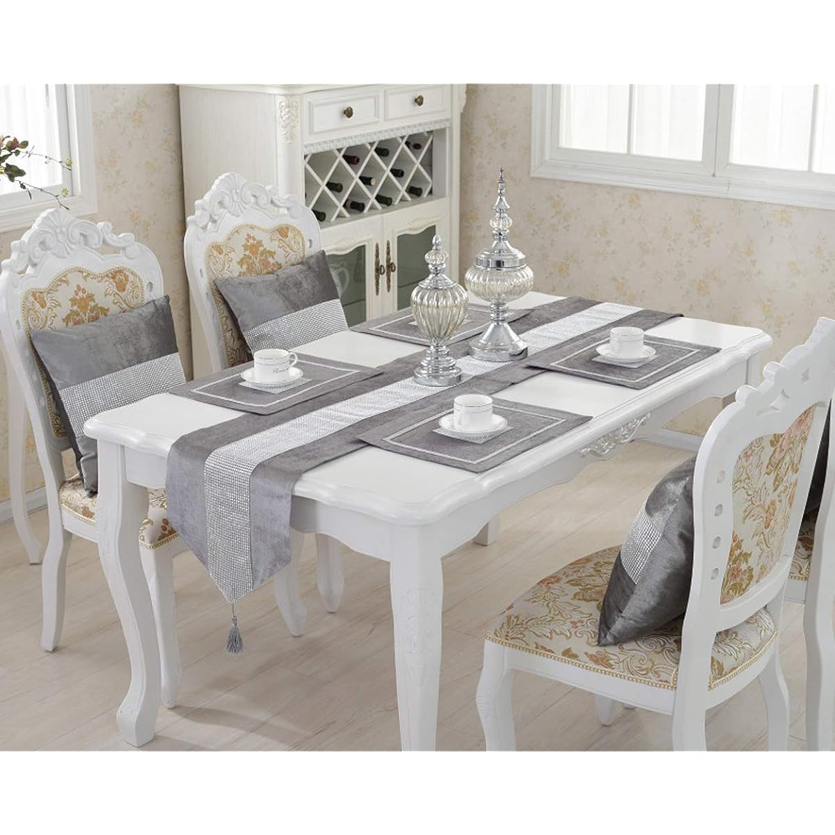 ACE SELECT Table Runner, Table Placemat, Rhinestone Tablecloth, Table Cover with Tassels, Party Table Decoration, Grey, 4 Pieces