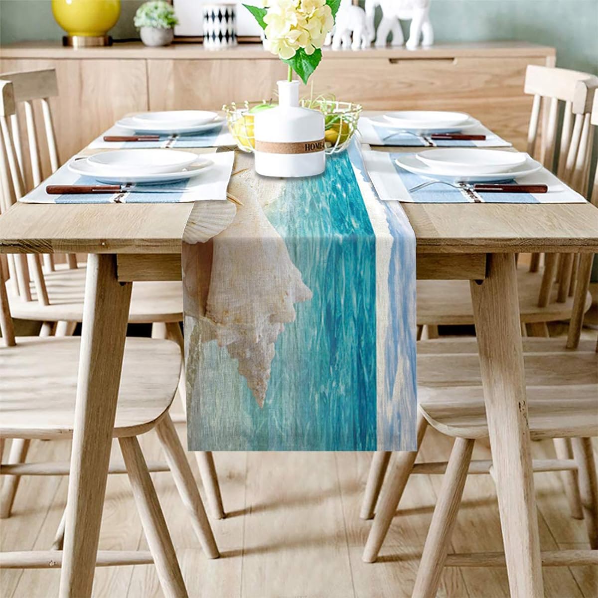 IDOWMAT Linen Burlap Table Runner Dresser Scarf Sunshine Beach Shell Starfish Kitchen Table Runner for Farmhouse Dinner/Holiday Party/Wedding/Event/Decoration (16 By 72 Inch)
