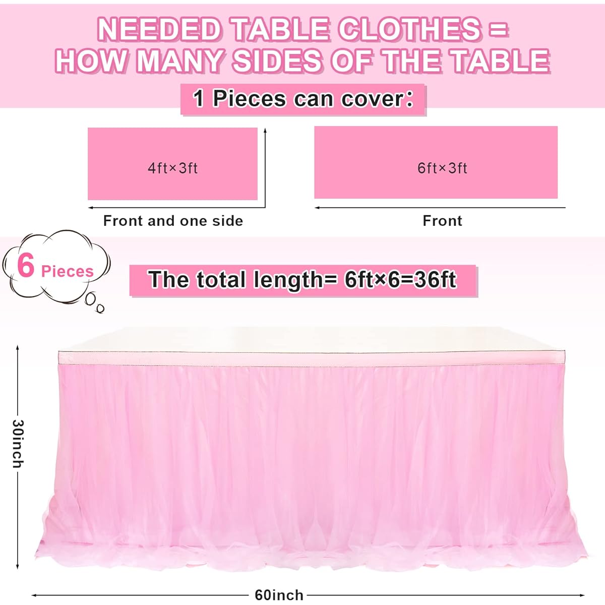 6 Pieces 6ft Pink Tulle Table Skirt Tutu Table Skirt for Rectangle or Round Table Pink Pastel Tablecloth Princess Girl Wedding Birthday Party Table Decoration