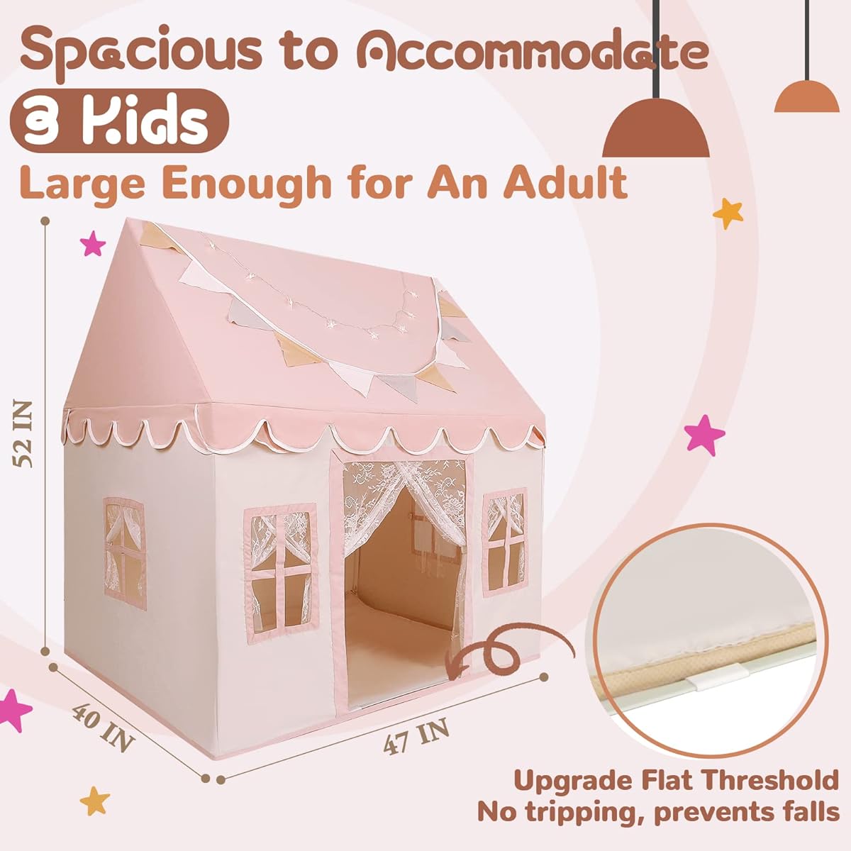 Kids Play Tent with Non-Slip Mat, Starlight Decorative Flags, Lace Curtain Playhouse with 4 Windows, Machine Washable, Indoor and Outdoor Play Tent for Kids Girls, Pink, 47" x 40" x 52"