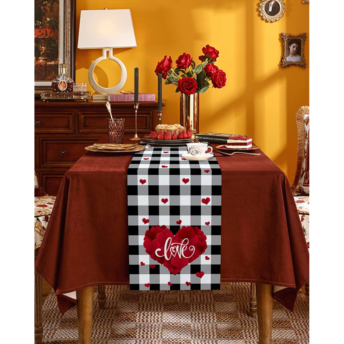 Valentine Table Runner 90 Inch Length - Red Love Heart Cotton Linen Kitchen Dinner Table Runner Decorative Black White Plaid Spring Valentine Burlap Table Runner for Gift/Dresser/Dining/Party/Wedding