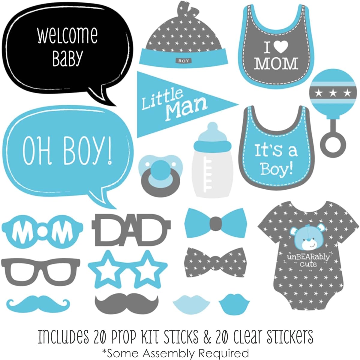 Big Dot of Happiness Baby Boy - Baby Shower Photo Booth Props Kit - 20 Pieces