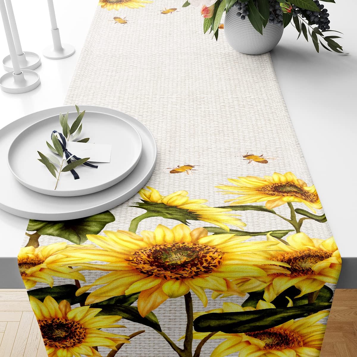 Farmhouse Classic Sunflowers and Bees Table Runner Rustic Sunflower Table Art Decor for Home Kitchen Restaurant 14x72 Inch