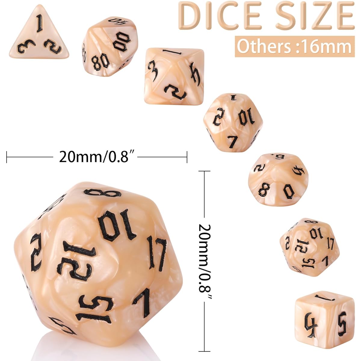 Polyhedral DND Dice 7pcs D&D Dice Set with Beige Pearl Grain for Role Playing Dice Games DND RPG MTG Table Games (Beige Pearl)