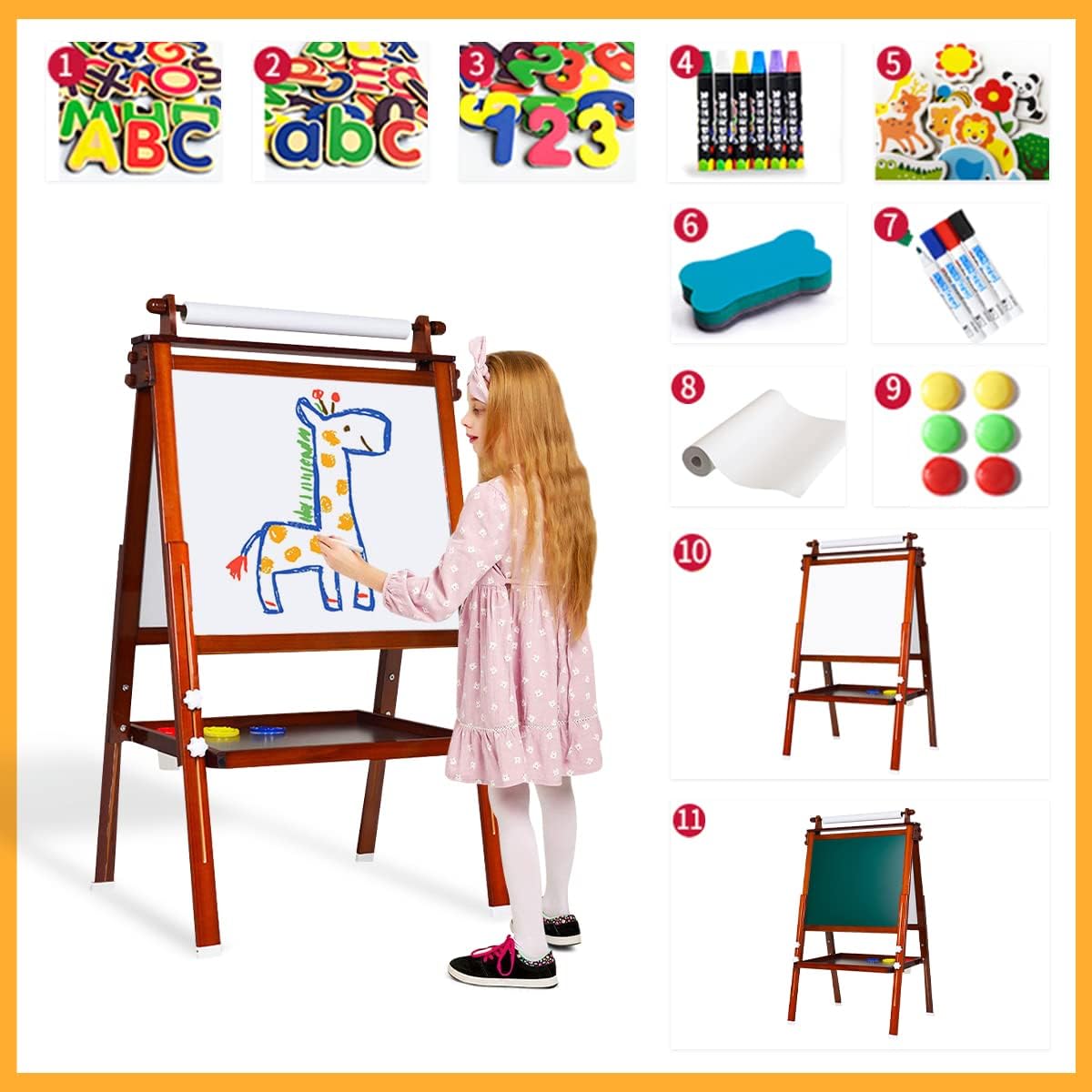 Wooden Kids Art Easel with Paper Roll, Double Sided Magnetic Chalkboard and Whiteboard, Adjustable Height Gift for Girls Boys (Brown)