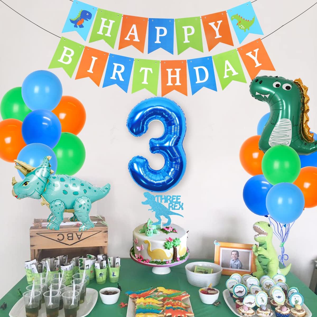 Dinosaur 3rd Birthday Decorations for Boys - Bruce Lee Rex Party Supplies Number 3 Dinosaur Balloons, Happy Birthday Banner, Green and Blue Balloons, Cake Topper for 3 Year Old Boy Birthday