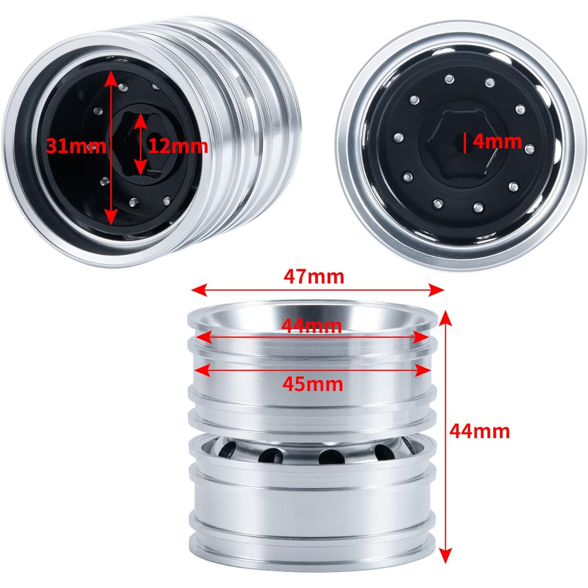 MOHERO Metal Rear Wheel Hub Rim 4pcs for 1/14 RC Tamiya Tractor Climbing Trailer Truck RC Car