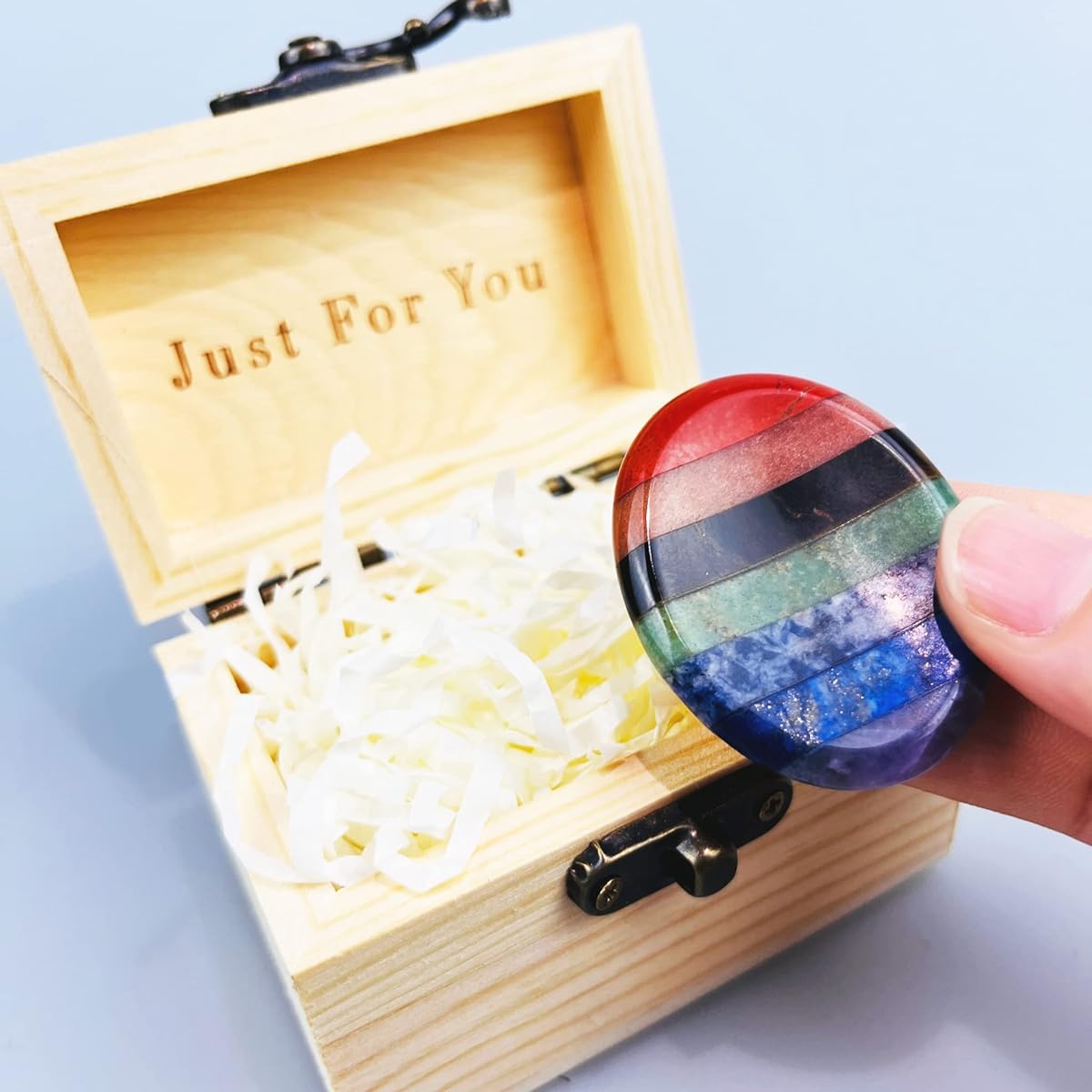 Multicolor Healing Stone Crystals for Anxiety, 7 Crystals for Stress Relief, Chakra Representation, Feel Calm in Moments of Stress (Deluxe Engraved Wooden Box Included)