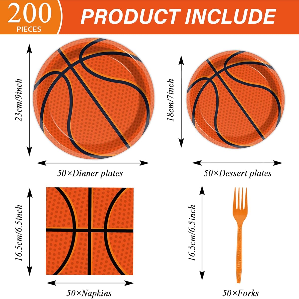 200 Pieces Basketball Disposable Paper Tableware Set for 50 People, Basketball Plates, Sports Theme Party Supplies, Basketball Table Decorations Supplies for Teenagers Kids Boys Basketball Team Party