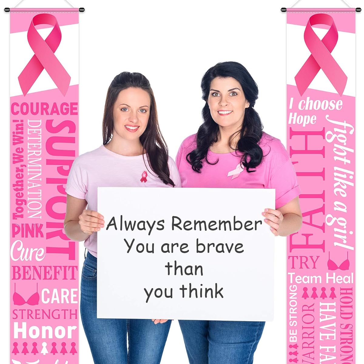 Pink Ribbon Party Decorations Breast Cancer Awareness Banner Porch Sign Hope Strength Courage Faith Banner Backdrop Pink Ribbon Breast Cancer Party Supplies Decorations 11.8 x 72 Inch