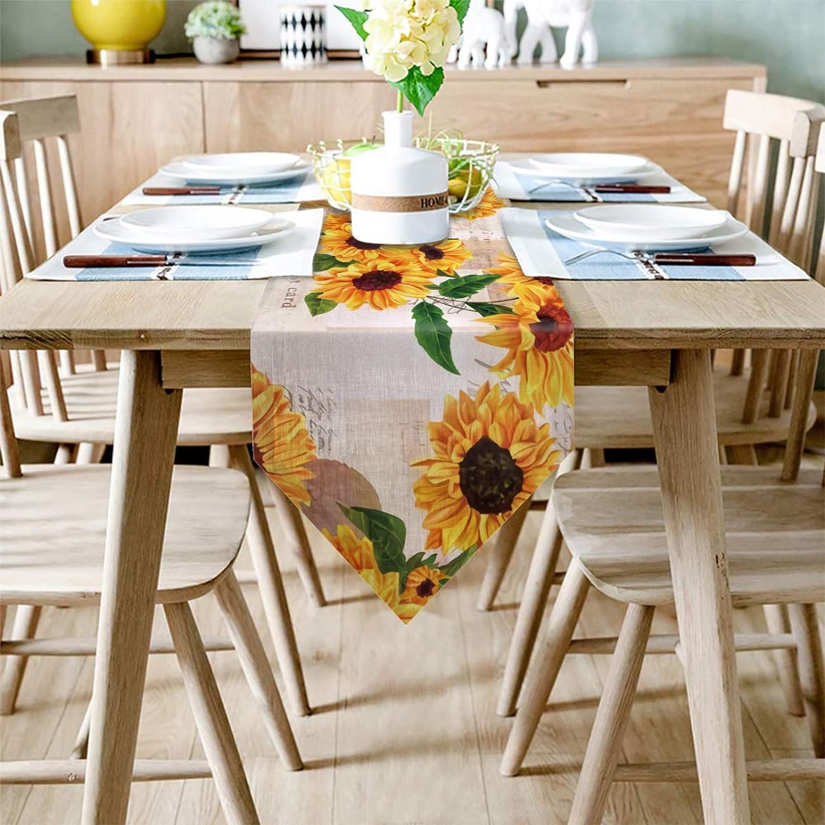 Vandarllin Burlap Table Runner Dresser Sunflowers Old Paper Rustic Cotton Linen Tablecloth Cover Farmhouse Kitchen Dining Party Holiday Decorations for Outdoor 14"W x 72"L Yellow