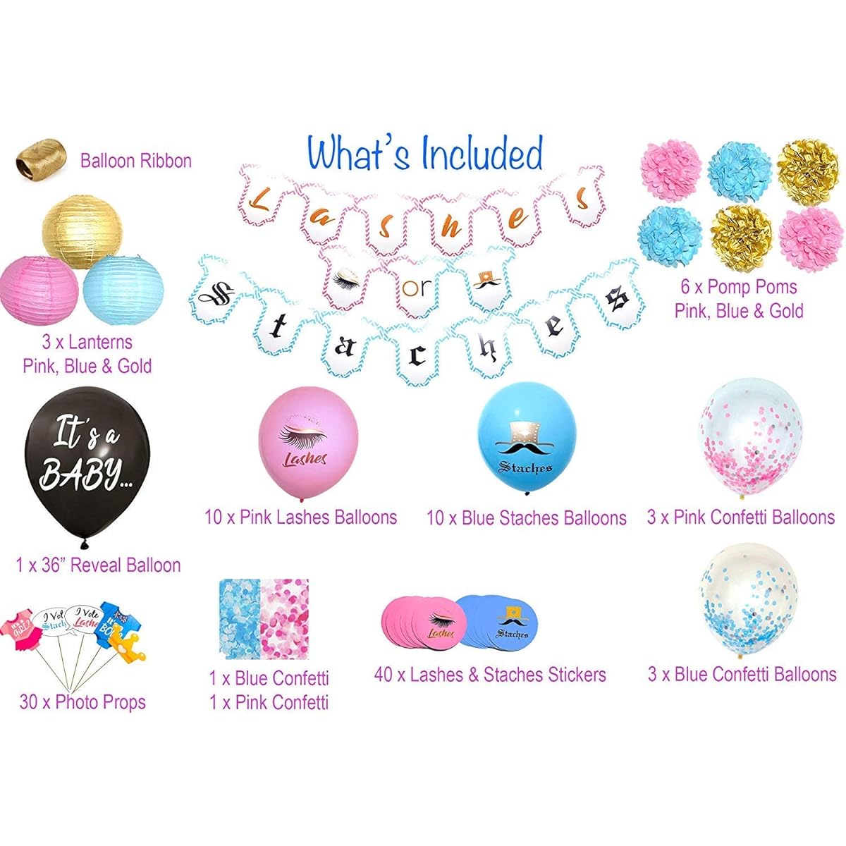 Bossy Baby Shower Decoration Set with Confetti Balloons, Stickers, Paper Lanterns and Pom Poms for Girls and Boys (110 Pieces)
