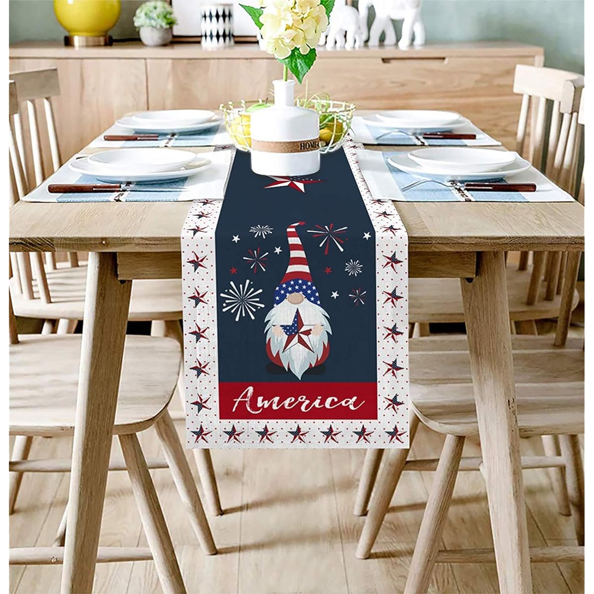 HELLOWINK Burlap Table Runner 4th of July Gnome Cotton Linen Table Runner Cloth for Wedding Dining Room Party Holiday Dresser Home Decoration (Independence Day Triangle) 13x70inch Red FXQHWK200319ZQSJ/J/SLXM07537ZQAAHWK