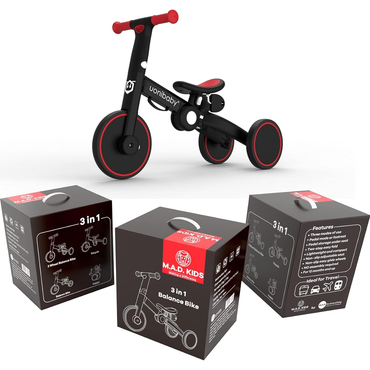 M.A.D. for Everything 3-in-1 Toddler Bicycle Kids Tricycle Children Balance Bike Push Bicycle Pedal Trike Bike Detachable Pedals Lightweight Portable Foldable No Assembly Required Ages 2-4