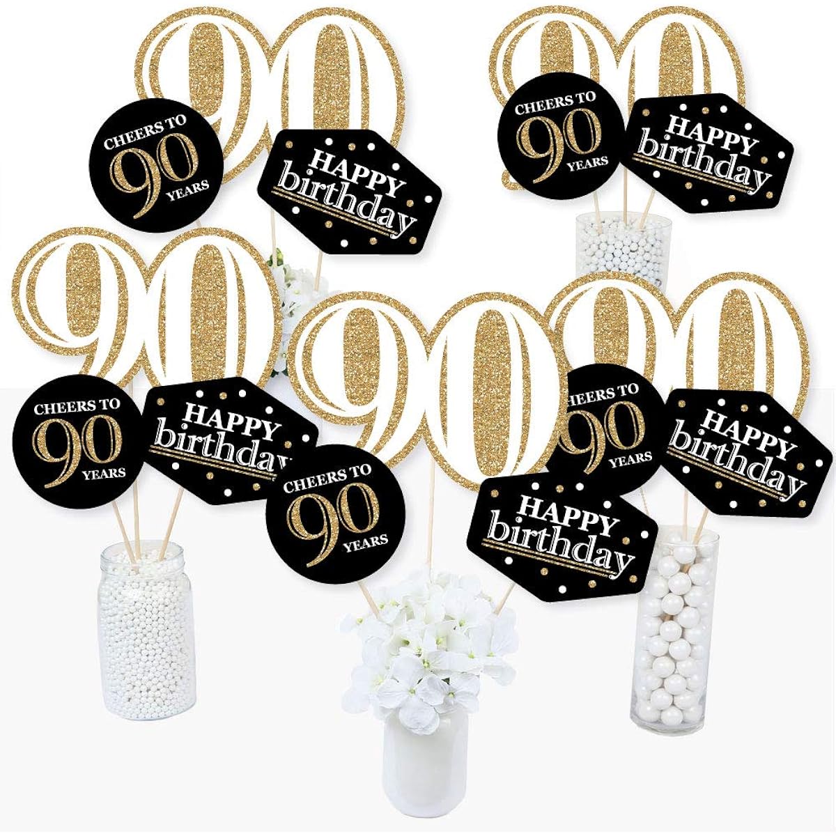 Adult 90th Birthday - Gold - Birthday Party Centerpiece Sticks - Table Topper - Set of 15